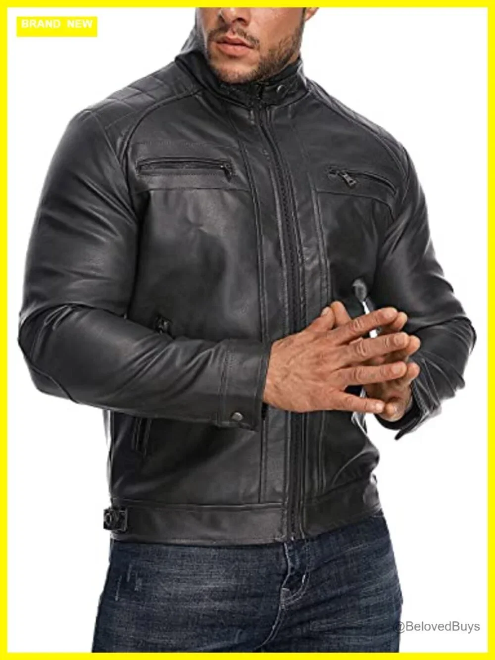 Men's Stand Collar Faux Leather Motorcycle Jacket with Zipper Pockets